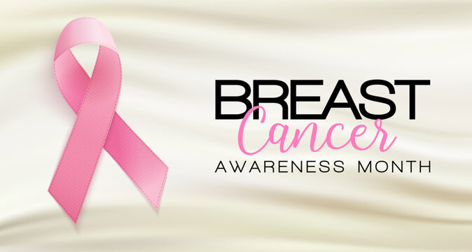 Pink ribbon and breast cancer awareness typography on a light background