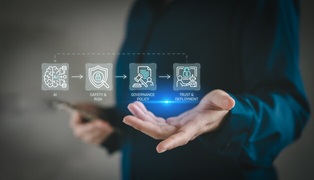 AI safety and governance concept person presenting digital hologram of artificial intelligence risk management policy and trust deployment phases for secure technology implementation framework