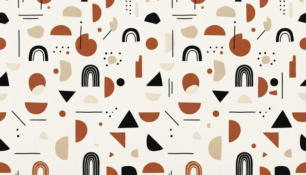 Scandinavian seamless pattern with abstract geometric shapes, beige, cream, black and terracotta colors, minimalist modern design, 