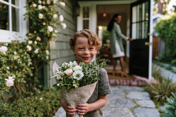 Fototapeta premium A cheerful child beams with happiness while holding a bouquet of fresh flowers at a lovely home entrance, encapsulating joy, innocence, and the beauty of nature in everyday life.