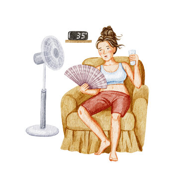 A woman with a fan swelters from the heat at home. Watercolor illustration.