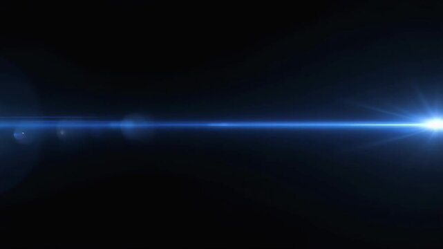 A brilliant horizontal beam of intense blue light streams across the dark void creating a dramatic visual effect that signifies high energy movement within the vastness of the deep cosmic night