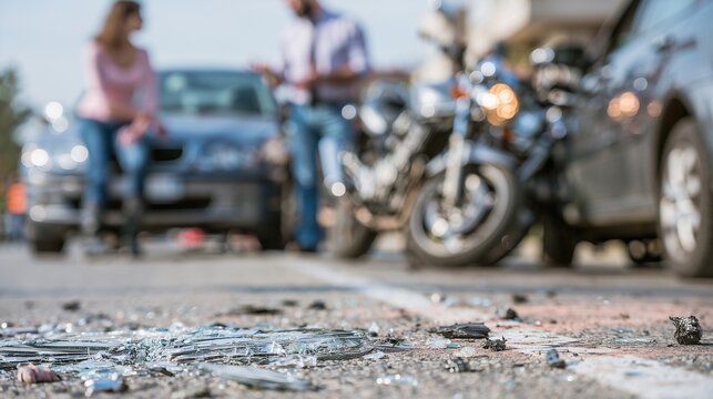 Motorcycle crash scene with shattered glass and damaged bike on road, suggesting injury claim, lawsuit and legal support after collision.
