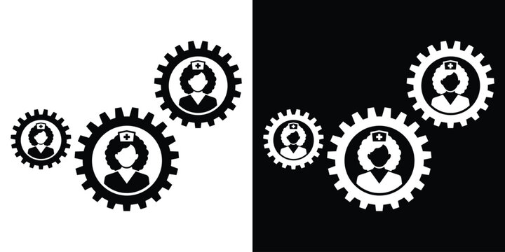 Female nurse avatars placed inside interlocking gear systems. Conceptual vector icon for medical teamwork, healthcare process, and nursing administration.