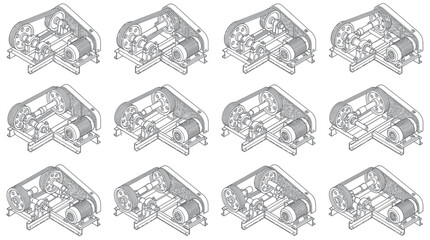 Fototapeta premium Detailed engineering blueprints of a complex mechanical gearbox assembly.