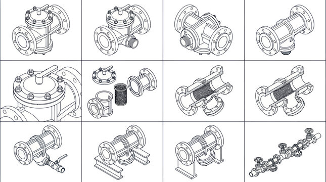 Detailed engineering drawings of various industrial valves and pipe fittings.