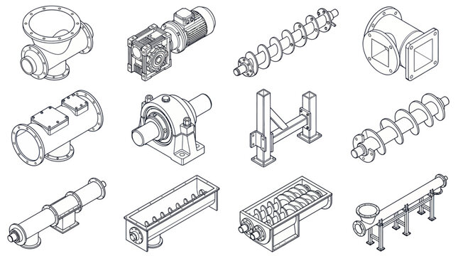 Detailed isometric line art of various industrial screw conveyor components and machinery parts.