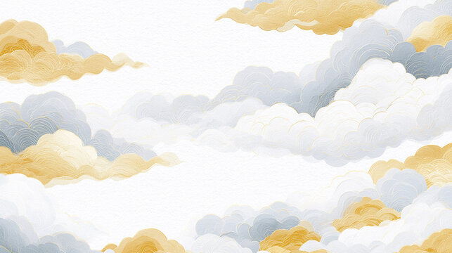 金と青灰色の雲が広がる和風背景イラスト
