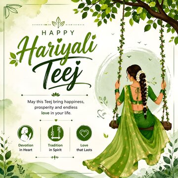 Happy hariyali teej festival greeting post with traditional swing and indian woman