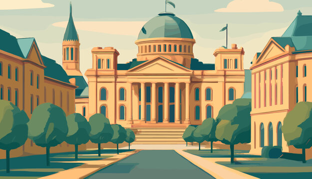 Grand classical building with a dome and columns at the end of a tree-lined avenue, flanked by other stately structures, depicted in an illustrative style.