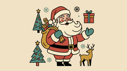 Cheerful Santa Claus carrying a sack of gifts with a reindeer and Christmas trees © muty