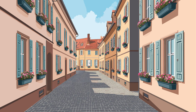 A charming cobblestone street lined with traditional European buildings featuring blue shutters and pink flowers in window boxes under a clear sky.