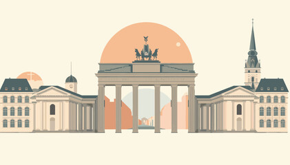 A stylized illustration of the iconic Brandenburg Gate in Berlin, Germany, with surrounding classical architecture and a large circular sun in the background. © Note