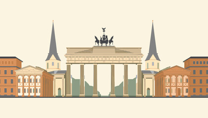 Flat vector illustration of the iconic Brandenburg Gate in Berlin, Germany, with surrounding classical buildings and spires under a clear sky. © Note