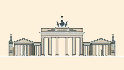 Minimalist line art illustration of the Brandenburg Gate in Berlin, Germany, a famous neoclassical monument and triumphal arch with the Quadriga statue. © Note