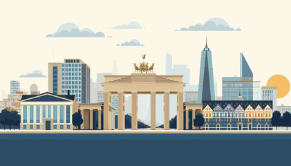 A vibrant vector illustration of a modern cityscape featuring the iconic Brandenburg Gate and various architectural styles under a clear sky. © Note