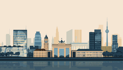 Stylized illustration of the Berlin skyline featuring iconic landmarks like the Brandenburg Gate and TV Tower, with reflections in the water. © Note