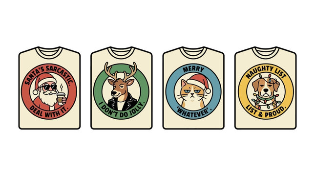 Four funny t-shirt designs featuring sarcastic Christmas characters and festive holiday slogans