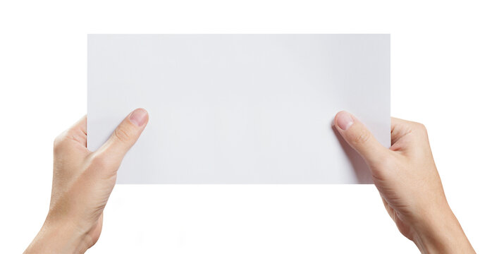Hands presenting empty horizontal paper mockup, isolated on transparent cutout background