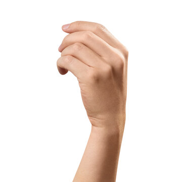 Hand making delicate pinching gesture with curved fingers, isolated on transparent cutout background