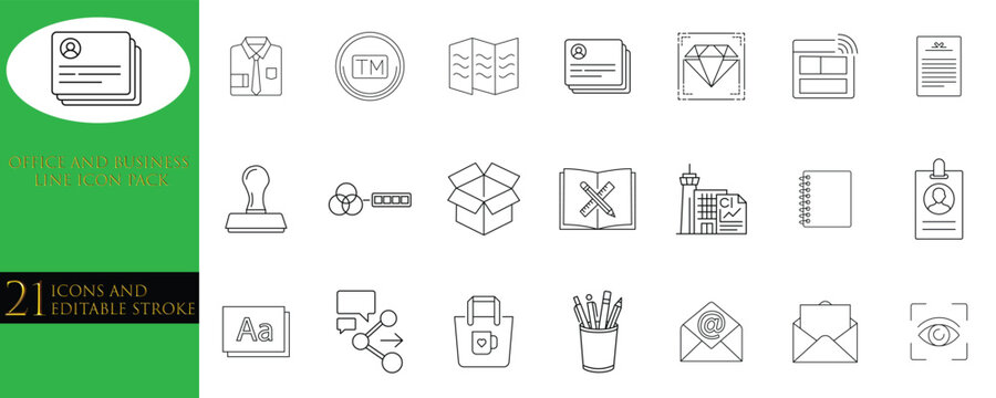 Office and business line icon pack vector set for corporate work and document management with editable stroke including trademark brochure business card stamp id badge and stationery objects.