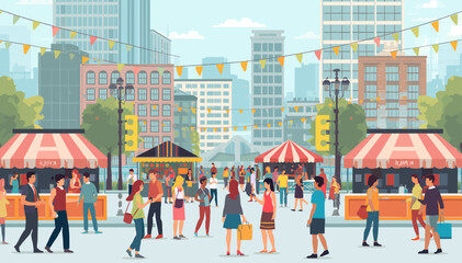 A bustling outdoor city market scene with numerous people, stalls, and urban buildings under a clear sky. © Note