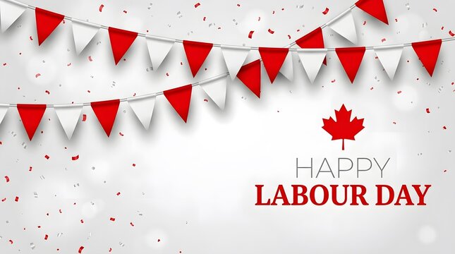 Happy Labour Day celebration with Canadian flag and red bunting