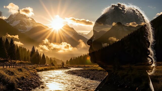 Double exposure of a serene mountain landscape within a human profile