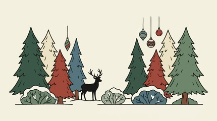A silhouette of a deer stands among colorful stylized winter pine trees © piani