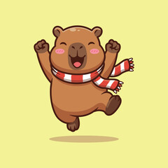 Fototapeta premium Jumping capybara with Scarf Cartoon Vector Illustration