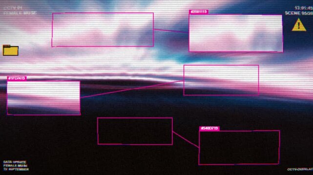 Glitch cctv monitor display overlays neon purple scanlines and scanning frames onto a futuristic data stream background for an atmospheric retro video game