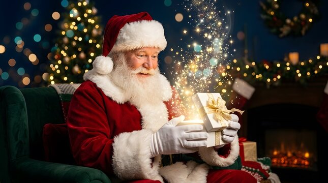 Santa Claus checking gift box with Christmas tree background