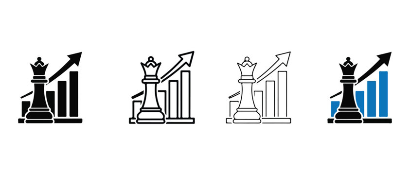 Chess pieces with bar graphs and arrows indicating growth and strategy in business and finance analysis  four different colored icons