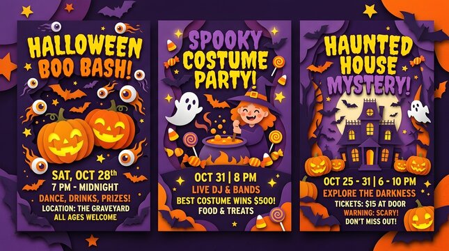 Halloween party flyers with spooky graphics and event details greetings card