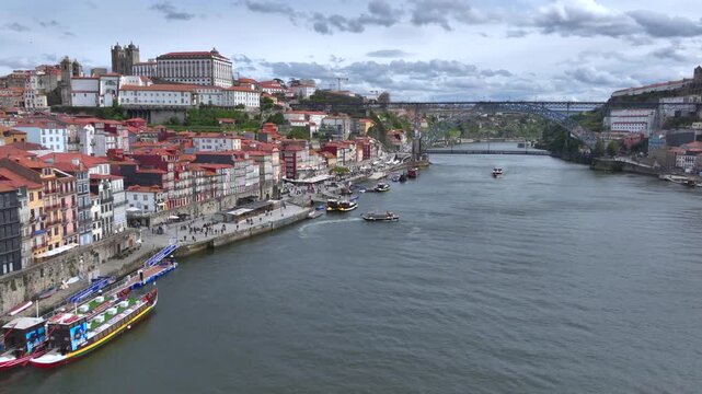 Douro River and Ribeira Central District from Above. Aerial view of Porto city, Portugal, European Old City panorama. 