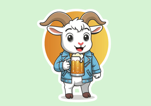Vector cute cartoon funny smiling happy goat, blue jacket, holding glass beer mug with foam. Toon sticker. Alcohol yeast invigorating hoppy drink. Decal