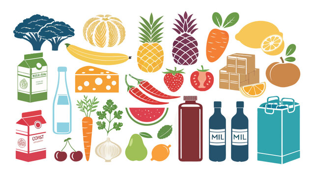 Fresh organic produce and pantry staples for healthy family meals. Vibrant flat lay of groceries including fruits, vegetables, grains, and beverage...