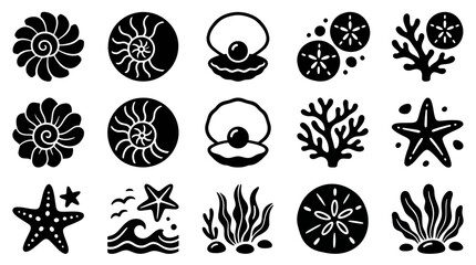 Collection of Black and White Nautical and Marine Life Icons. © Yuni