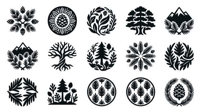 Collection of Black and White Nature-Inspired Logos and Emblems.
