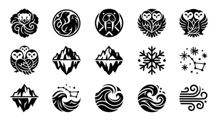 Collection of black and white winter-themed icons featuring animals, mountains, snowflakes, and constellations. © Yuni