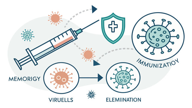 Medical immunization process with syringe and virus illustration. Vaccination journey diagram showing virus elimination and protection steps.
