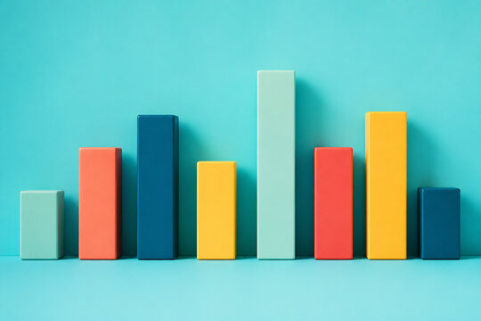 A colorful bar chart is displayed against a bright blue background.