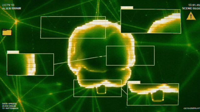 Neural network brain interface scans luminous particle nodes on a glowing green matrix screen in a cinematic 3D animation loop for cyber tech content