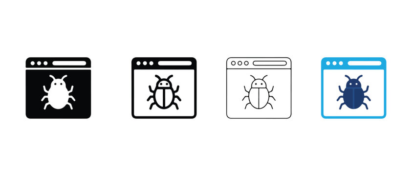 Computer screen bug icons in different colors and styles for software development and coding  bug icons in browser windows
