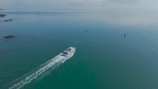 CHAUSEY, FRANCE - 2025 : Ferry leaving the island of Chausey