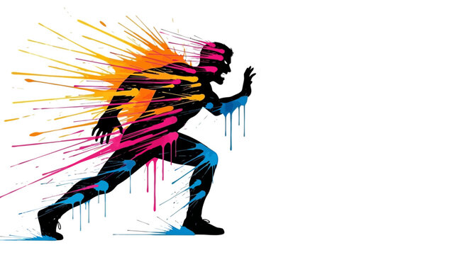 Dynamic Runner Silhouette with Vibrant Colorful Paint Splatter Effect