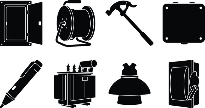 Electrical Utility Grid Infrastructure and Lineman Tools Icon Set Featuring Power Transformer Cable Reel and Safety Isolator Silhouettes