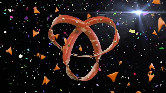 Spark starting pink knot appearing, rotating, confetti rising, shards passing, flares showing studs