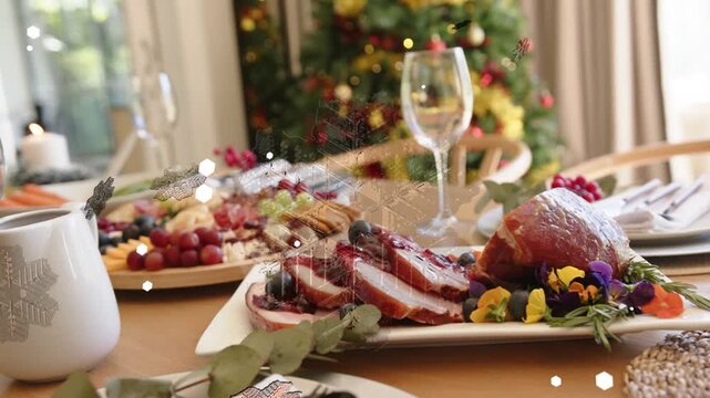 On overlay sweep platter coming into focus, camera shifting, overlay moving showcasing festive meal