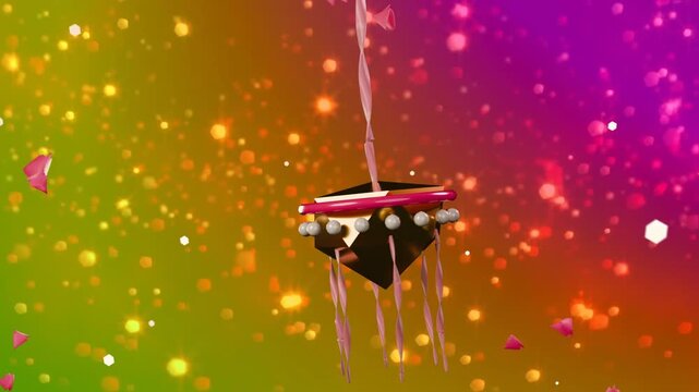 Cord starting swing, ornament rotating clockwise, ribbons swaying, petals drifting, creating depth